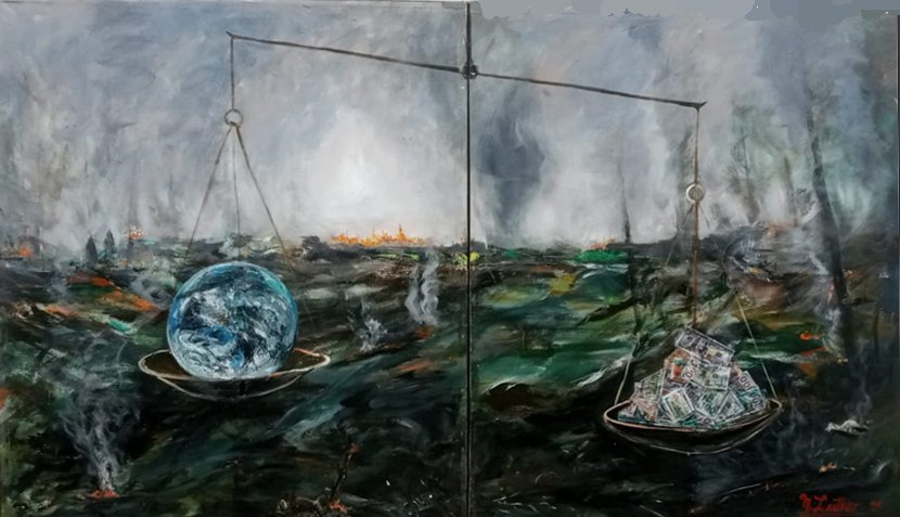 Billetes entre Cenizas . Oleo sobre Lienzo. 246 x 145 cm.