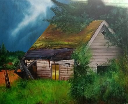 Refugio en la Cabaña . Oleo sobre Lienzo. 83 x 102 cm.