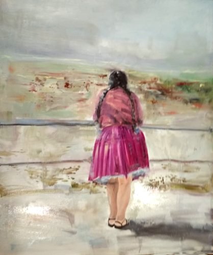 Contemplación de Cholita Tarijeña. Oleo sobre Lienzo. 149 x 120 cm.
